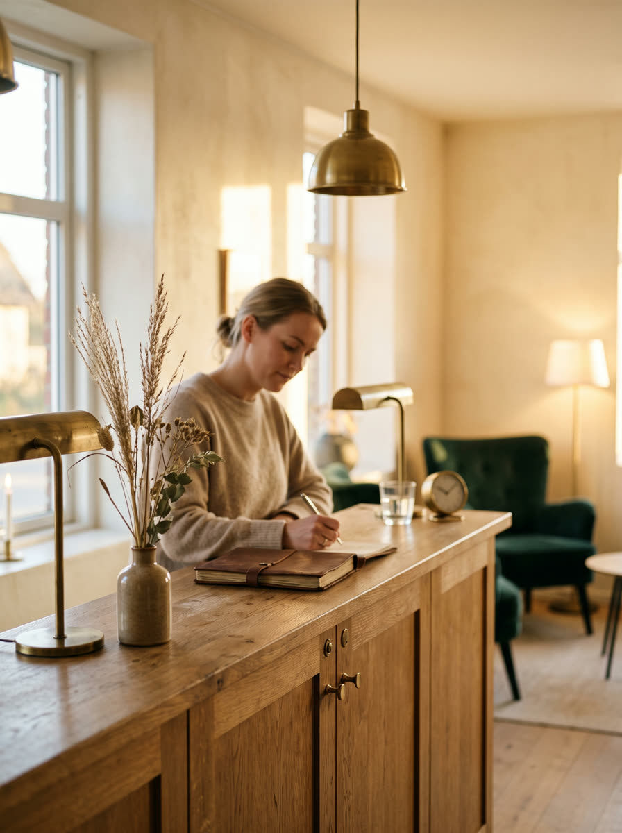 Boutique Nordic hotel reception at golden hour with a warm oak counter