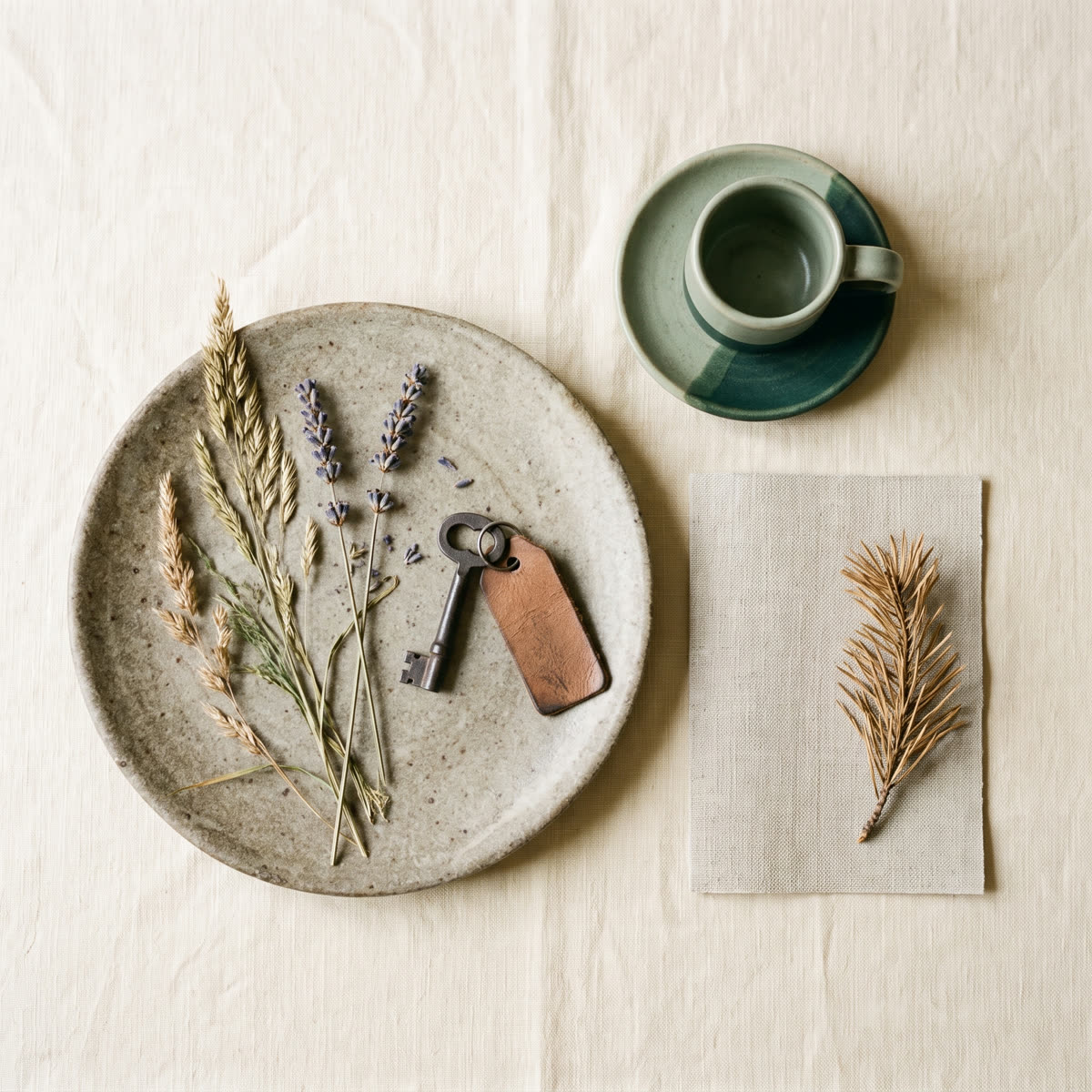 Overhead flat lay of a stone plate with pressed grasses, guest card and a key on linen
