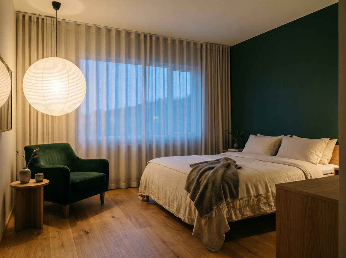 A boutique hotel guest room at dusk with a dark green reading chair and warm light