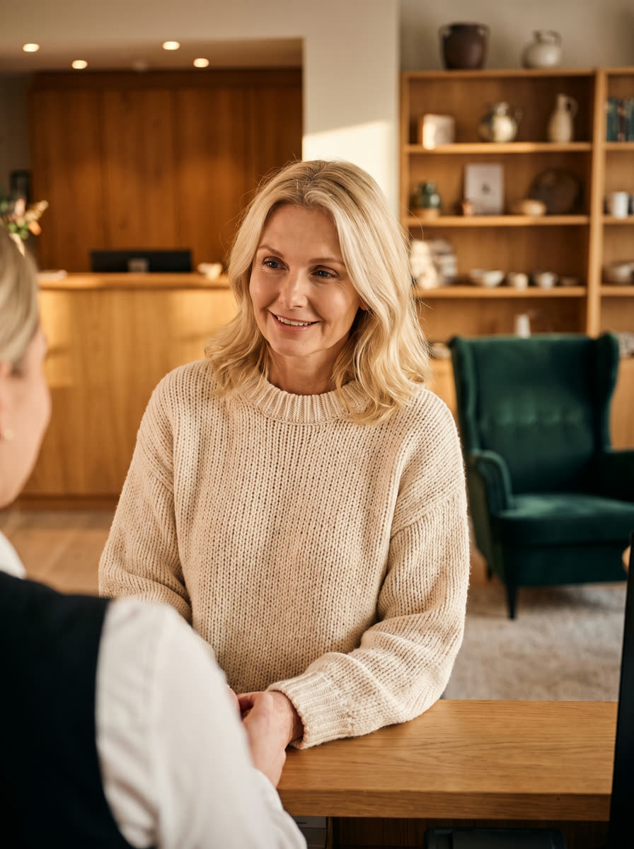 A Nordic hotel guest smiling gently while checking in