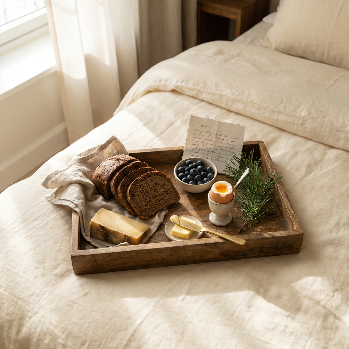 Overhead breakfast tray with rye bread, berries and a boiled egg on cream linen