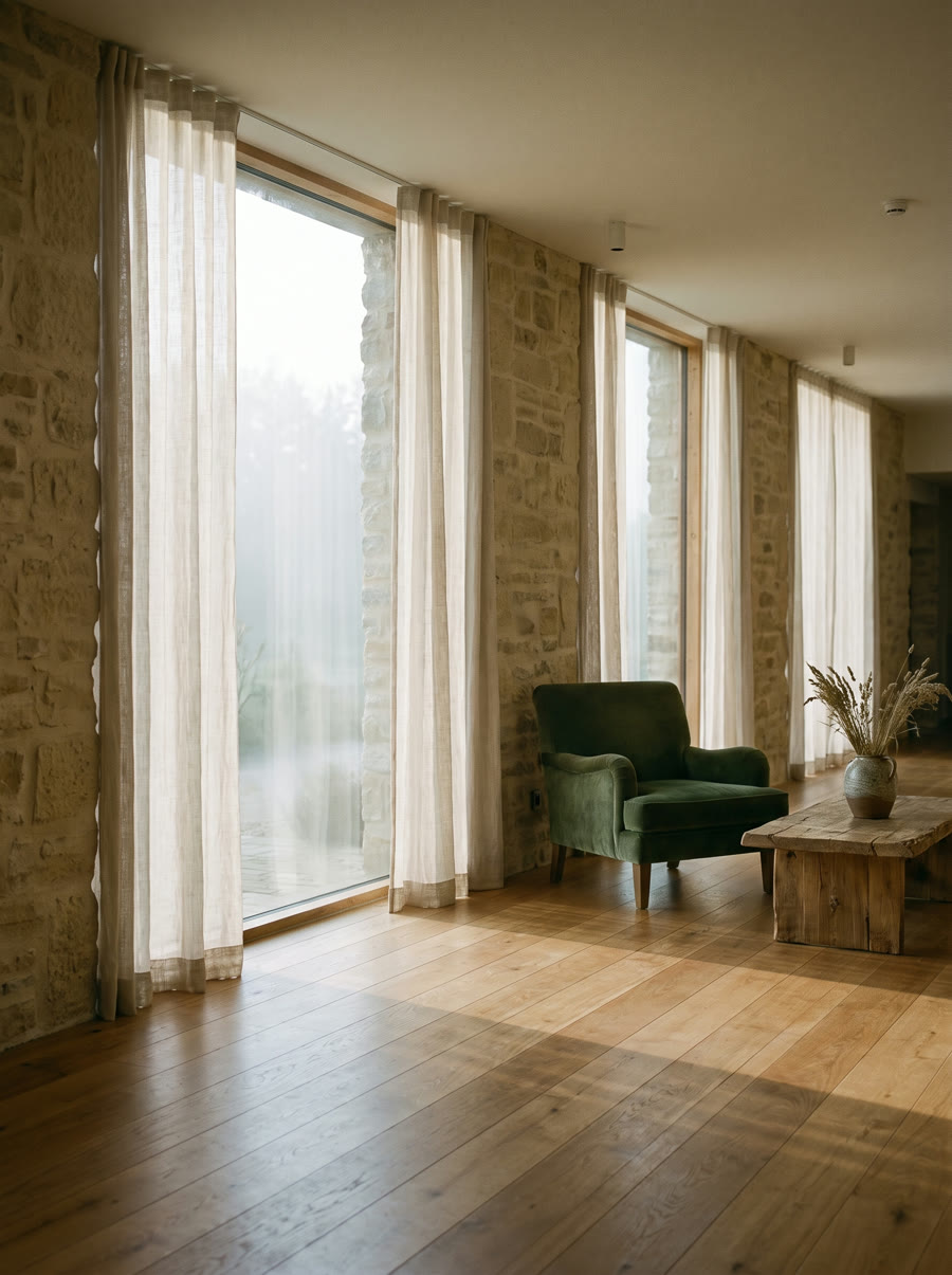 A quiet Nordic hotel lobby at dawn, warm oak floors and a deep green armchair.